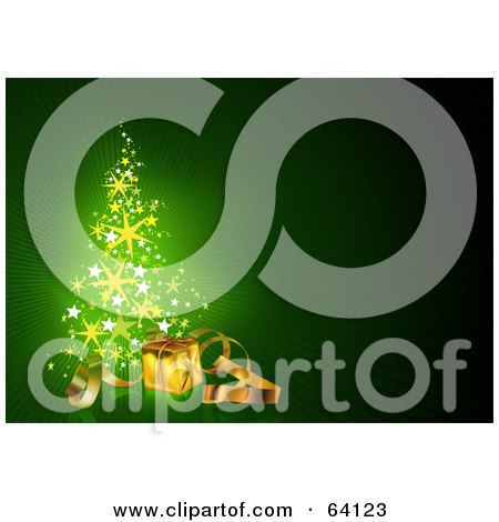 Royalty-Free (RF) Clipart Illustration of a Starry Magical Christmas Tree With A Gold Present And Ribbons On Green by dero
