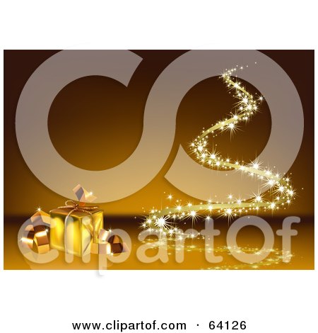 Royalty-Free (RF) Clipart Illustration of a Simple Sparkle Christmas Tree With A Gold Present by dero