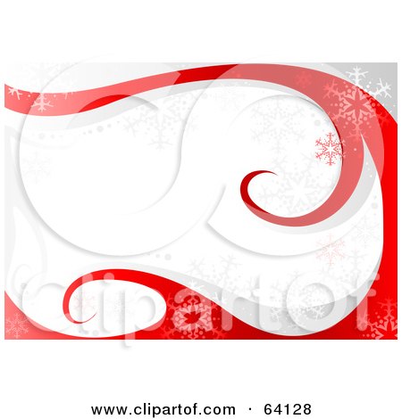 Royalty-Free (RF) Clipart Illustration of a White Christmas Background With Snowflakes And Red Swirl Waves by dero