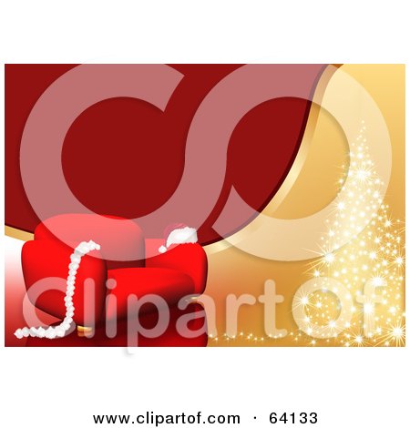 Royalty-Free (RF) Clipart Illustration of a Santa Hat And Cotton Resting On A Red Chair By A Sparkling Christmas Tree On A Red And Gold Background by dero