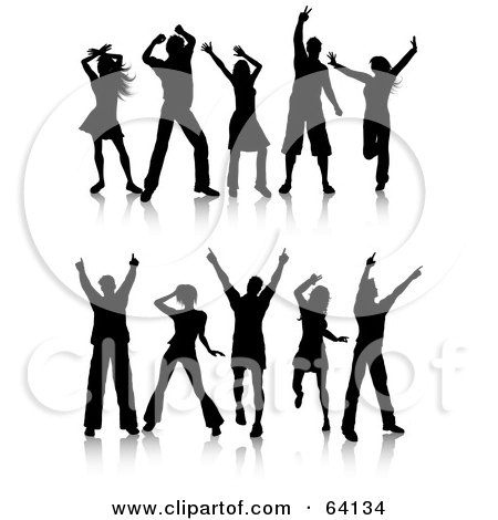 Royalty-Free (RF) Clipart Illustration of a Digital Collage Of Two Rows Of Silhouetted Dancers Waving Their Arms by KJ Pargeter