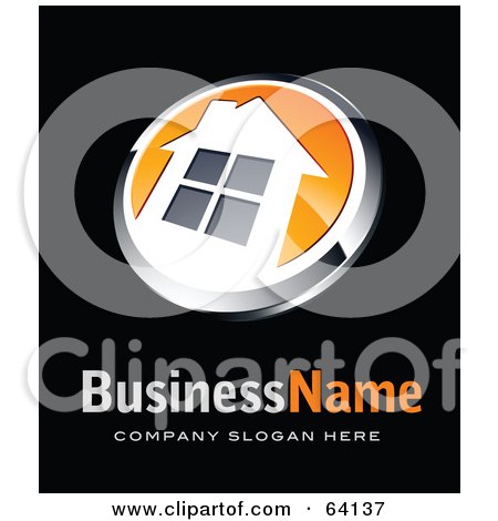 Royalty-Free (RF) Clipart Illustration of a Pre-Made Logo Of An Orange And White House Button, Above Space For A Business Name And Company Slogan On Black by beboy