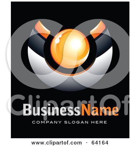 Royalty-Free (RF) Clipart Illustration of a Pre-Made Logo Of An Orange Orb And Chrome Half Circle, Above Space For A Business Name And Company Slogan On Black by beboy