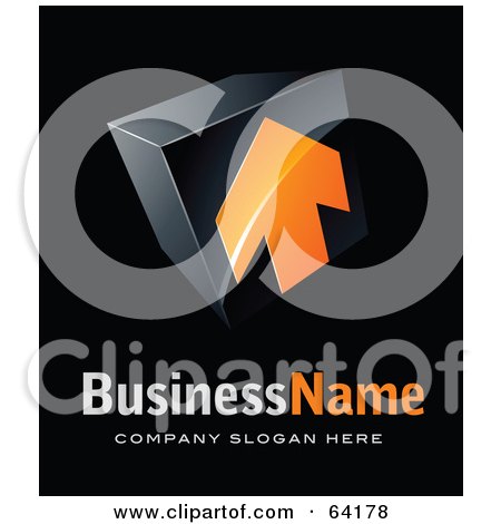 Royalty-Free (RF) Clipart Illustration of a Pre-Made Logo Of An Orange Arrow Cube, Above Space For A Business Name And Company Slogan On Black by beboy