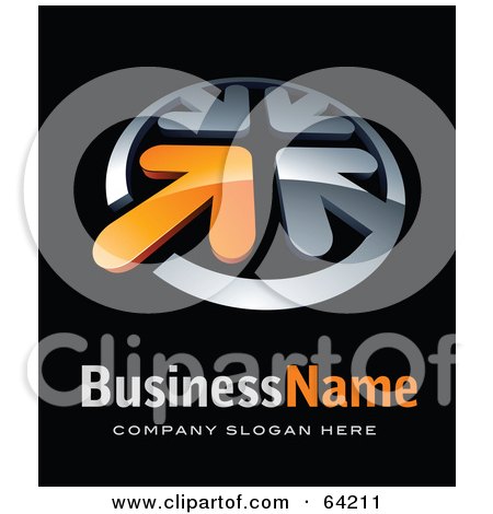 Royalty-Free (RF) Clipart Illustration of a Pre-Made Logo Of Four Chrome And Orange Arrows, Above Space For A Business Name And Company Slogan On Black by beboy