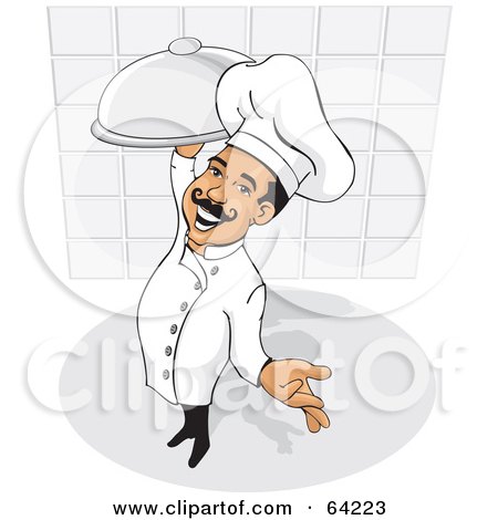 Royalty-Free (RF) Clipart Illustration of a Friendly Male Chef Holding Out One Hand And Carrying A Platter by David Rey