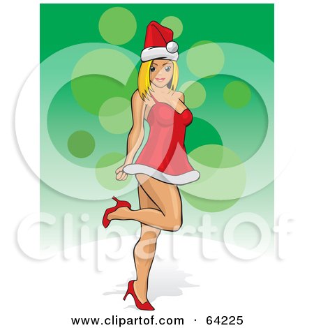 Royalty-Free (RF) Clipart Illustration of a Sexy Christmas Pinup Woman In A Santa Suit Dress, Lifting One Leg by David Rey