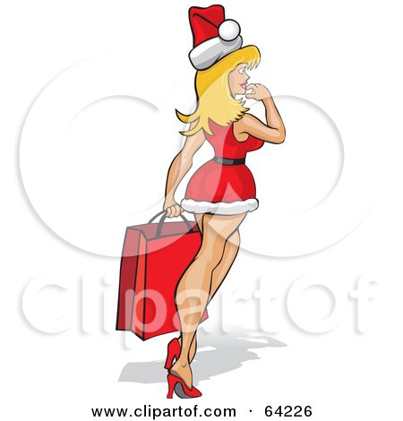Royalty-Free (RF) Clipart Illustration of a Sexy Shopping Christmas Pinup Woman In A Santa Suit Dress by David Rey
