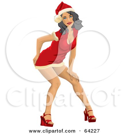 Royalty-Free (RF) Clipart Illustration of a Sexy Christmas Pinup Woman In A Santa Suit Dress, Bending Over by David Rey