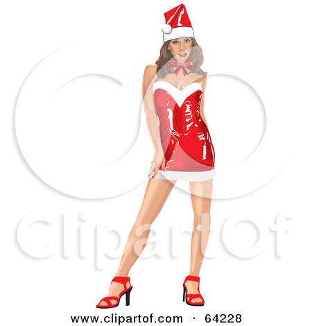 Royalty-Free (RF) Clipart Illustration of a Sexy Christmas Pinup Woman In A Santa Suit Dress And Heels by David Rey