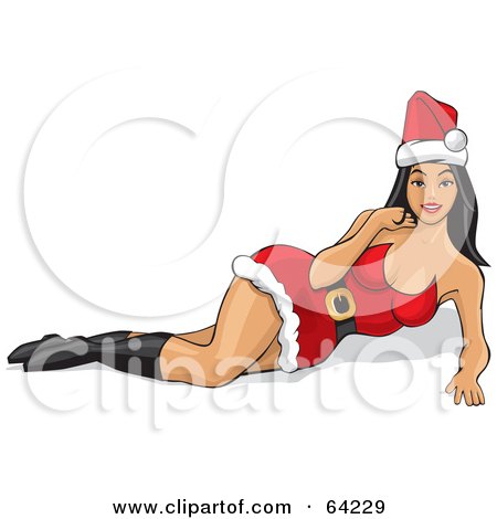 Royalty-Free (RF) Clipart Illustration of a Sexy Christmas Pinup Woman In A Santa Suit Dress, Resting On Her Side by David Rey