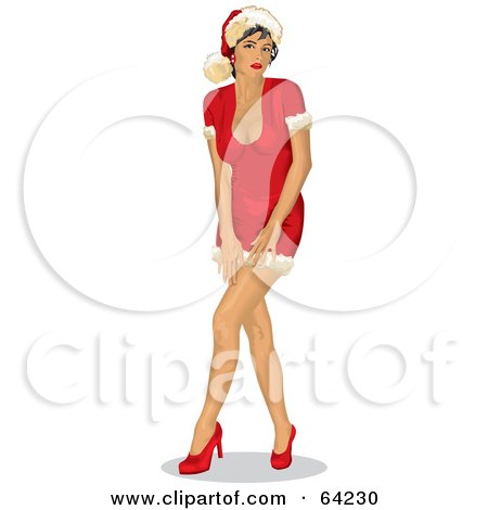 Royalty-Free (RF) Clipart Illustration of a Sexy Christmas Pinup Woman In A Santa Suit Dress, Standing With Her Legs Crossed by David Rey
