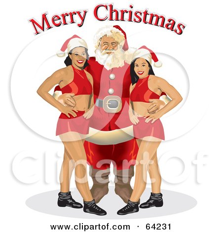 Royalty-Free (RF) Clipart Illustration of Two Sexy Pinup Ladies Standing With Santa Under A Merry Christmas Greeting by David Rey