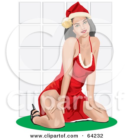 Royalty-Free (RF) Clipart Illustration of a Sexy Christmas Pinup Woman In A Santa Suit Dress, Kneeling by David Rey