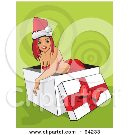 Royalty-Free (RF) Clipart Illustration of a Sexy Christmas Pinup Woman Emerging From A Gift Box by David Rey