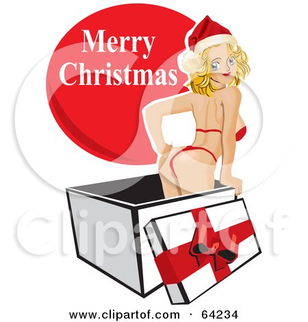 Royalty-Free (RF) Clipart Illustration of a Sexy Christmas Pinup Stripper Woman Standing In A Gift Box With A Red Merry Christmas Greeting by David Rey
