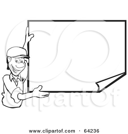 Royalty-Free (RF) Clipart Illustration of a Black And White Man Smiling And Displaying A Blank Publicity Poster by David Rey
