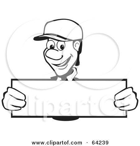 Royalty-Free (RF) Clipart Illustration of a Friendly Black And White Man Holding Up A Long Blank Sign by David Rey