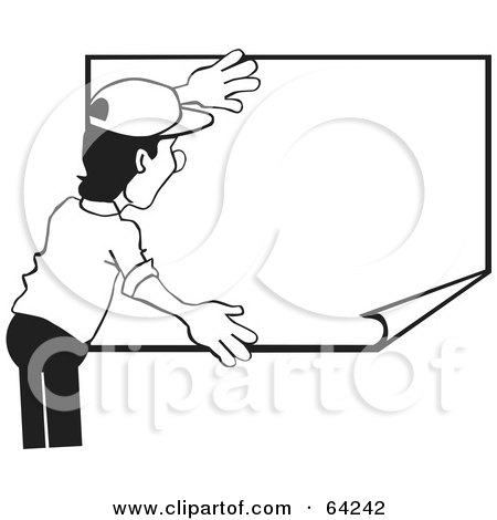 Royalty-Free (RF) Clipart Illustration of a Black And White Man Hanging Up A Blank Poster by David Rey