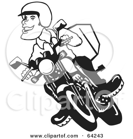Royalty-Free (RF) Clipart Illustration of a Happy Black And White Man Riding A Motorcycle by David Rey
