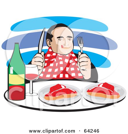 Royalty-Free (RF) Clipart Illustration of a Hungry Man Wearing A Bib, Drinking Red Wine And Eating Steaks by David Rey