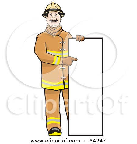 Royalty-Free (RF) Clipart Illustration of a Friendly Fireman Standing And Pointing To A Blank Sign by David Rey