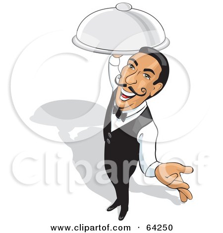 Royalty-Free (RF) Clipart Illustration of a Friendly Male Waiter Holding Out One Hand And Carrying A Platter by David Rey