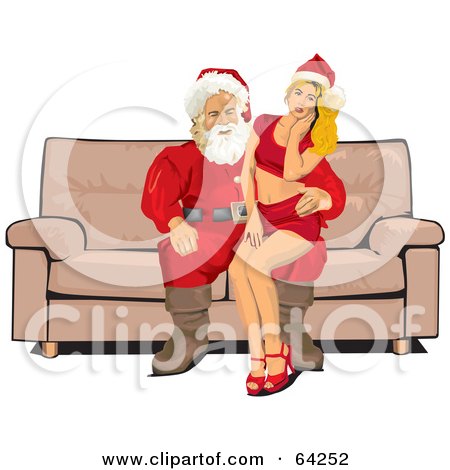 Royalty-Free (RF) Clipart Illustration of a Sexy Blond Pinup Girl Resting On Santas Lap On A Couch by David Rey