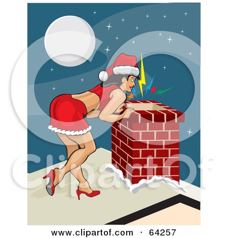 Royalty-Free (RF) Clipart Illustration of a Sexy Christmas Pinup Woman In A Santa Suit Dress, Peeking Down A Chimney by David Rey