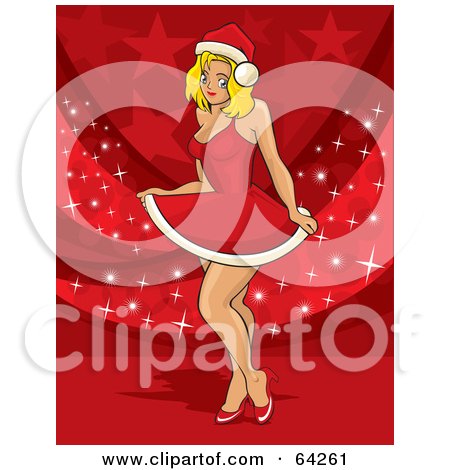 Royalty-Free (RF) Clipart Illustration of a Sexy Christmas Pinup Woman Dancing In A Santa Suit Dress by David Rey