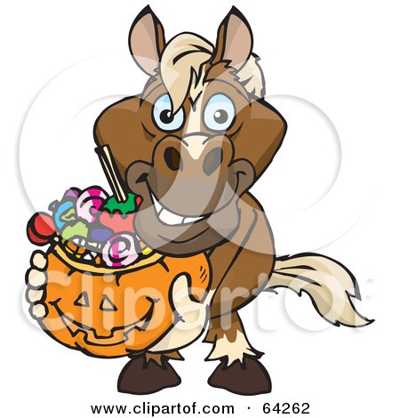 Royalty-Free (RF) Clipart Illustration of a Trick Or Treating Horse Holding A Pumpkin Basket Full Of Halloween Candy by Dennis Holmes Designs