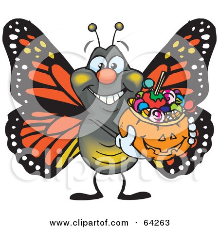 Royalty-Free (RF) Clipart Illustration of a Trick Or Treating Monarch Butterfly Holding A Pumpkin Basket Full Of Halloween Candy by Dennis Holmes Designs