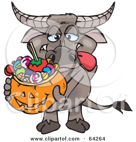 Royalty-Free (RF) Clipart Illustration of a Trick Or Treating Buffalo Holding A Pumpkin Basket Full Of Halloween Candy by Dennis Holmes Designs