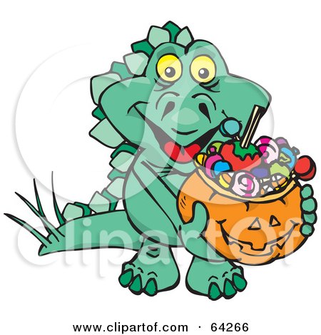 Royalty-Free (RF) Clipart Illustration of a Trick Or Treating Stegosaur Holding A Pumpkin Basket Full Of Halloween Candy by Dennis Holmes Designs