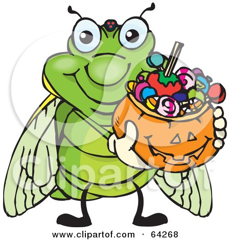 Royalty-Free (RF) Clipart Illustration of a Trick Or Treating Cicada Holding A Pumpkin Basket Full Of Halloween Candy by Dennis Holmes Designs