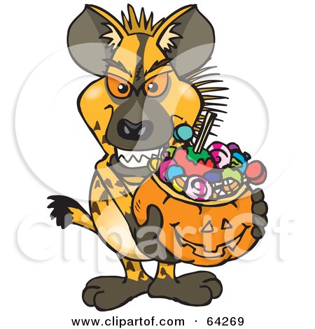 Royalty-Free (RF) Clipart Illustration of a Trick Or Treating Hyena Holding A Pumpkin Basket Full Of Halloween Candy by Dennis Holmes Designs