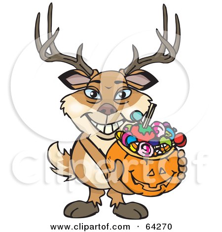 Royalty-Free (RF) Clipart Illustration of a Trick Or Treating Buck Holding A Pumpkin Basket Full Of Halloween Candy by Dennis Holmes Designs