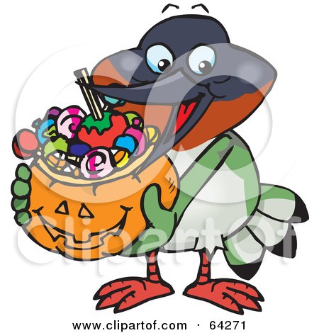 Royalty-Free (RF) Clipart Illustration of a Trick Or Treating Hummingbird Holding A Pumpkin Basket Full Of Halloween Candy by Dennis Holmes Designs