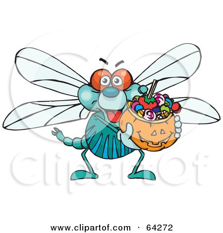Royalty-Free (RF) Clipart Illustration of a Trick Or Treating Dragonfly Holding A Pumpkin Basket Full Of Halloween Candy by Dennis Holmes Designs