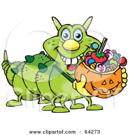 Royalty-Free (RF) Clipart Illustration of a Trick Or Treating Caterpillar Holding A Pumpkin Basket Full Of Halloween Candy by Dennis Holmes Designs