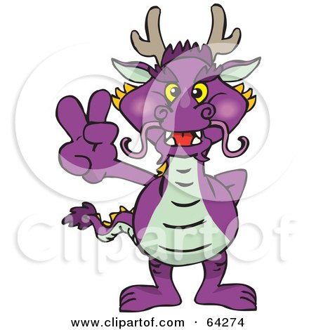 Royalty-Free (RF) Clipart Illustration of a Peaceful Purple Dragon Gesturing The Peace Sign by Dennis Holmes Designs