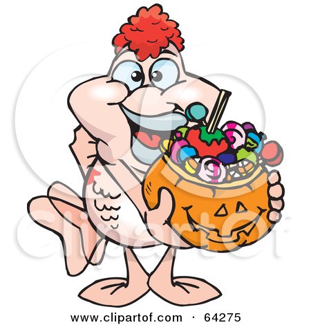 Royalty-Free (RF) Clipart Illustration of a Trick Or Treating Pink Goldfish Holding A Pumpkin Basket Full Of Halloween Candy by Dennis Holmes Designs