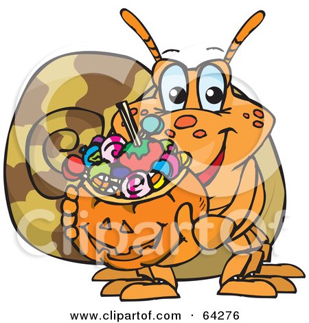 Royalty-Free (RF) Clipart Illustration of a Trick Or Treating Hermit Crab Holding A Pumpkin Basket Full Of Halloween Candy by Dennis Holmes Designs