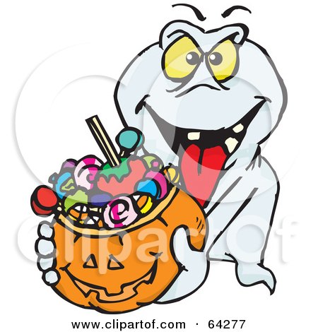 Royalty-Free (RF) Clipart Illustration of a Trick Or Treating Ghost Holding A Pumpkin Basket Full Of Halloween Candy by Dennis Holmes Designs