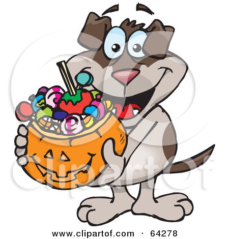 Royalty-Free (RF) Clipart Illustration of a Trick Or Treating Dog Holding A Pumpkin Basket Full Of Halloween Candy by Dennis Holmes Designs