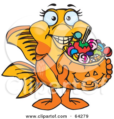 Royalty-Free (RF) Clipart Illustration of a Trick Or Treating Goldfish Holding A Pumpkin Basket Full Of Halloween Candy by Dennis Holmes Designs