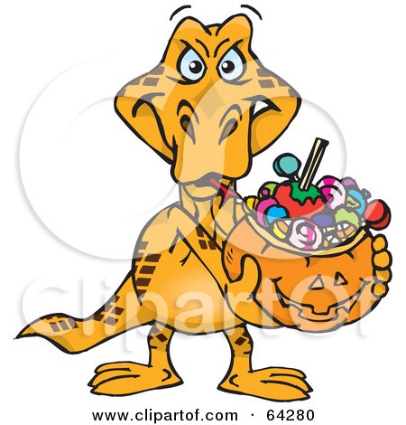 Royalty-Free (RF) Clipart Illustration of a Trick Or Treating Goanna Holding A Pumpkin Basket Full Of Halloween Candy by Dennis Holmes Designs