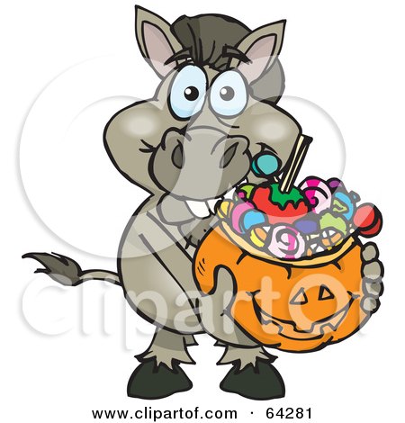 Royalty-Free (RF) Clipart Illustration of a Trick Or Treating Donkey Holding A Pumpkin Basket Full Of Halloween Candy by Dennis Holmes Designs