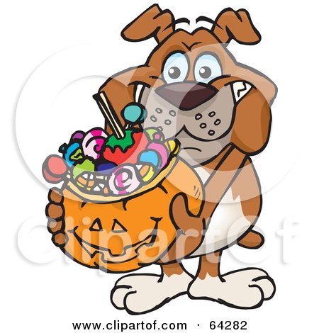 Royalty-Free (RF) Clipart Illustration of a Trick Or Treating Bulldog Holding A Pumpkin Basket Full Of Halloween Candy by Dennis Holmes Designs