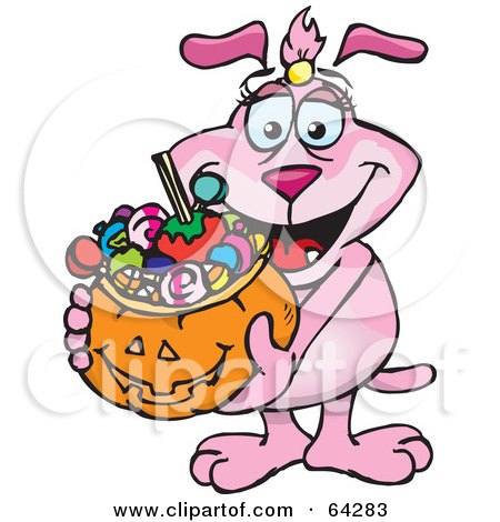 Royalty-Free (RF) Clipart Illustration of a Trick Or Treating Pink Dog Holding A Pumpkin Basket Full Of Halloween Candy by Dennis Holmes Designs